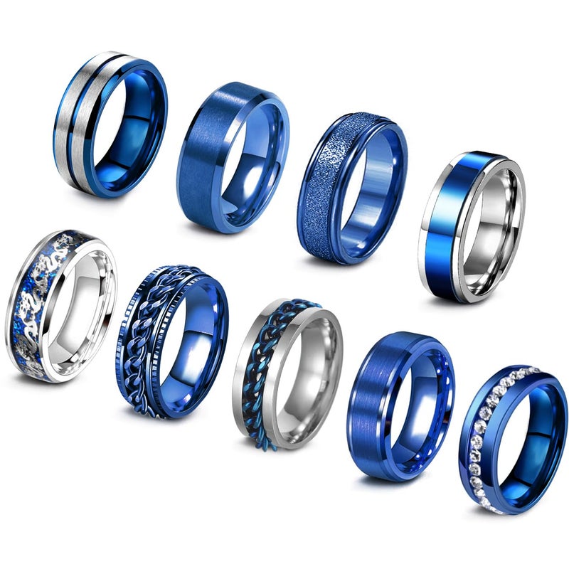 EIELO 9Pcs Stainless Steel Band Rings for Men Women Cool Fidget Spinning Chain Ring Anxiety Relief Fashion Simple Wedding Engagement Blue Ring Set Size10