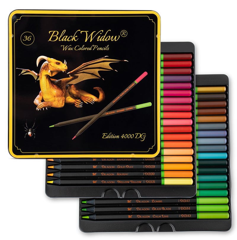 Black Widow Coloring Pencils for Adults â€“ 36 Wax Soft Core Colored Pencils for Adult Coloring Books â€“ Vibrant Color Pencil Set (Dragon Set) - Image 1