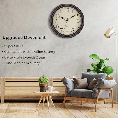 Foxtop ساعة حائط كلاسيكية دائرية صامتة غير متقطعة من فوكستوب بتصميم عتيق تعمل بالبطارية 12 بوصة (برونزي) - Image 3