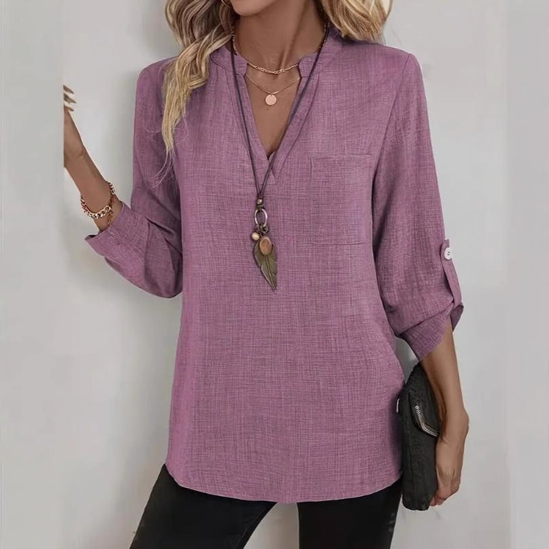 2025 Spring Summer Women's Loose V-Neck Solid Color Plus Size Shirt - Image 4