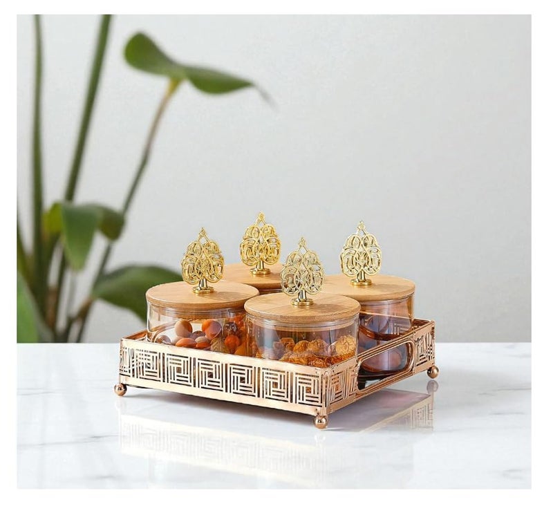 E - Ezra Diwali Serving Tray Dry Fruit, 4 pcs Glass Container Serving Tray Set | 600 ML Each Premium Design Air-Tight Lid Snack Organizer Tray Metal Stand Wooden Cap - Image 5