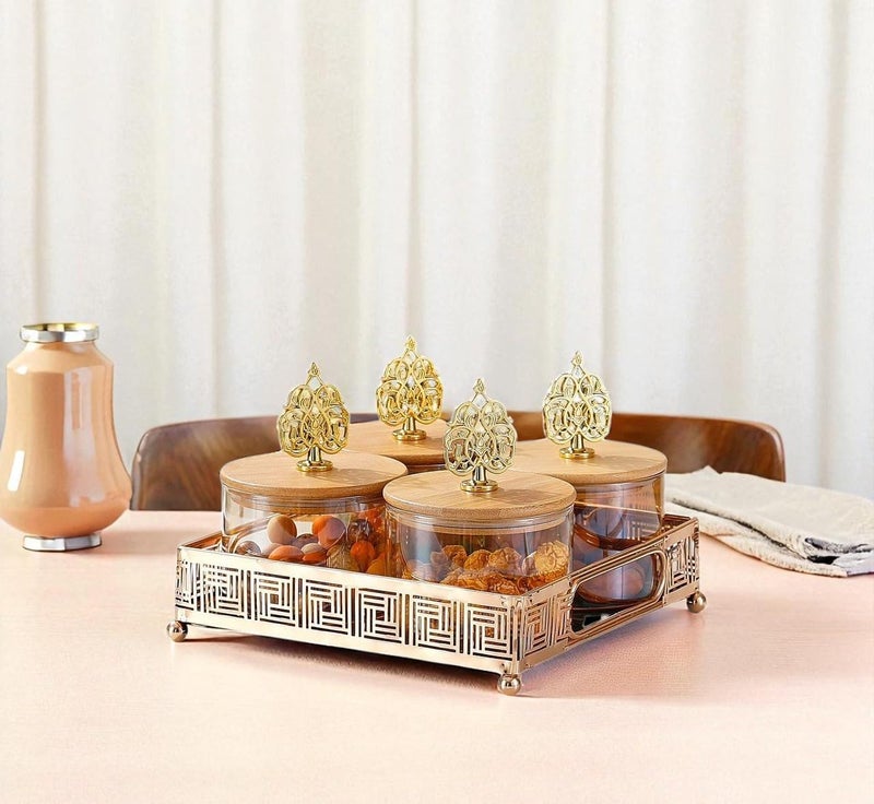 E - Ezra Diwali Serving Tray Dry Fruit, 4 pcs Glass Container Serving Tray Set | 600 ML Each Premium Design Air-Tight Lid Snack Organizer Tray Metal Stand Wooden Cap - Image 1