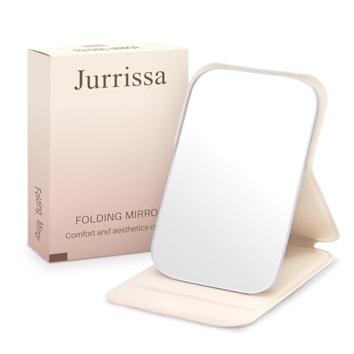 Jurrissa Compact Folding Mirror, 3.9" Small Portable Makeup Mirror for Pocket Purse, Mini Travel Size Foldable Mirrors with Stand for Tabletop, Handheld Mirrors (Beige) - Image 1