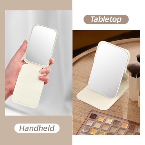 Jurrissa Compact Folding Mirror, 3.9" Small Portable Makeup Mirror for Pocket Purse, Mini Travel Size Foldable Mirrors with Stand for Tabletop, Handheld Mirrors (Beige) - Image 3