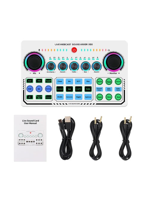 X50 Live Sound Card, Portable Mixer, Professional Live Sound Card, Knob Design, Support for 12 Kinds of Warming Sound and a Key Mute, with Double Call Simple Port Design, for Live Streaming, PC