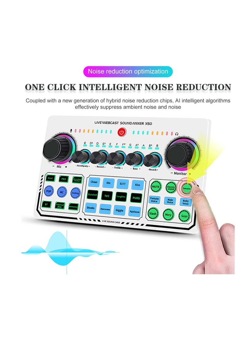 X50 Live Sound Card, Portable Mixer, Professional Live Sound Card, Knob Design, Support for 12 Kinds of Warming Sound and a Key Mute, with Double Call Simple Port Design, for Live Streaming, PC