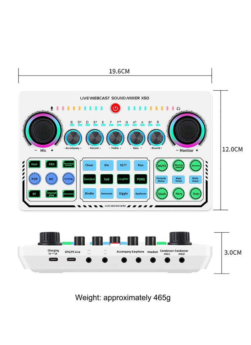 X50 Live Sound Card, Portable Mixer, Professional Live Sound Card, Knob Design, Support for 12 Kinds of Warming Sound and a Key Mute, with Double Call Simple Port Design, for Live Streaming, PC