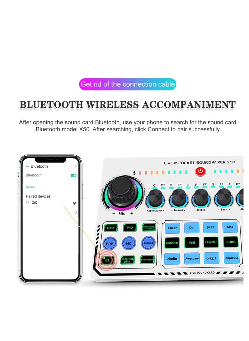 X50 Live Sound Card, Portable Mixer, Professional Live Sound Card, Knob Design, Support for 12 Kinds of Warming Sound and a Key Mute, with Double Call Simple Port Design, for Live Streaming, PC