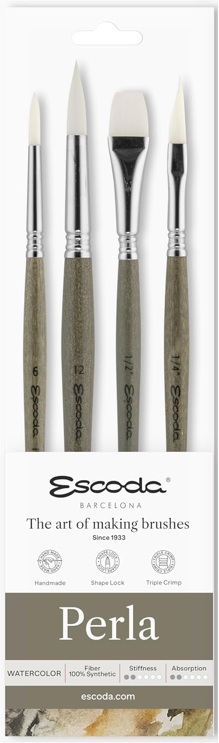 Escoda Perla Series Professional Artist Watecolor Brush Set Synthetic White Toray Fiber 4 Piece Set - Image 1