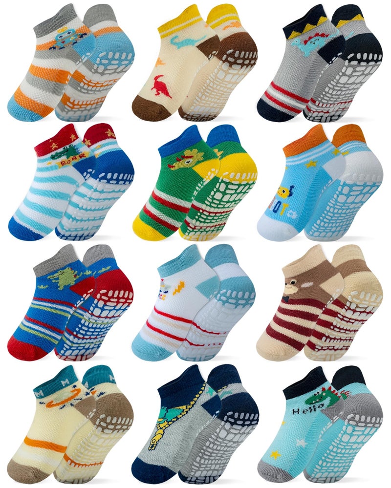 RATIVE Ankle Anti Slip Non Skid Cotton Socks with Grips Grippers for 1 2 Years Old 2T 12 18 Months Toddler Boy Boys Girl Girls (12-24 Months, 12-Pairs/Animal world) - Image 1