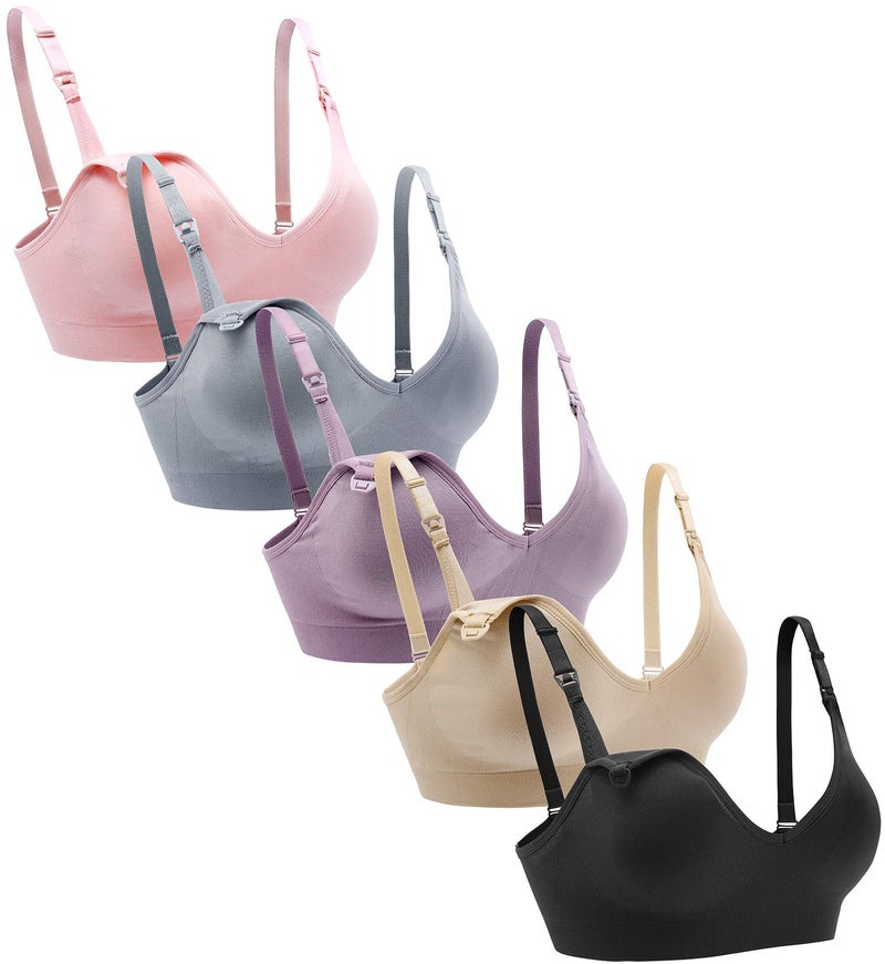 Suekaphin Nursing Bra 5pack Wireless Deep V Neck Maternity Nursing Bra Bralette Sleeping Breastfeeding with Extenders,Medium,Black/Nude/Pink/Gray/PurpleBean - Image 1
