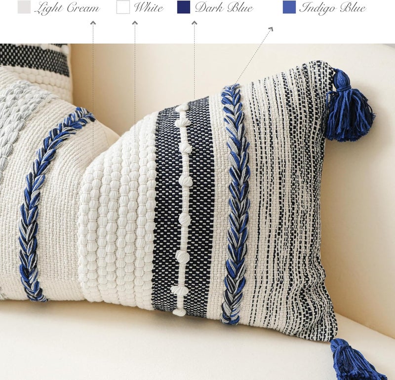 BlissBlush Navy Dark Blue Boho Throw Pillow Cover 22x22 Grey Decorative Accent Pillow for Couch Square Woven Textured Pillowcase Modern Boho Pillow for Bed, Bohemian Pillow Cover (Pack of 1) - Image 3