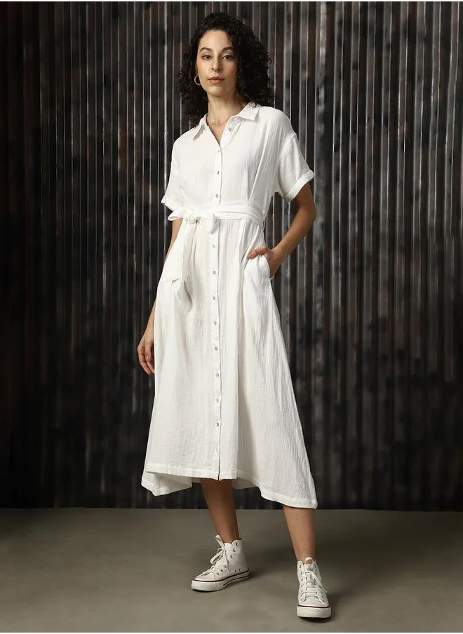 هاي ستار Women Dresses in Off White featuring Oversized fit with a solid pattern, spread collar collar, collar neckline, half sleeves, regular length, secured with button closure, crafted from cotton – ideal for both casual and formal outings.