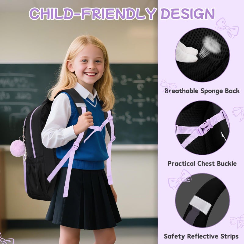ASKSKY Girls Backpack, School Backpack for Girls, Cute Bow Kids Bookbag for Grils Children Teens for Elementary Middle High School Student, Black Purple - Image 5