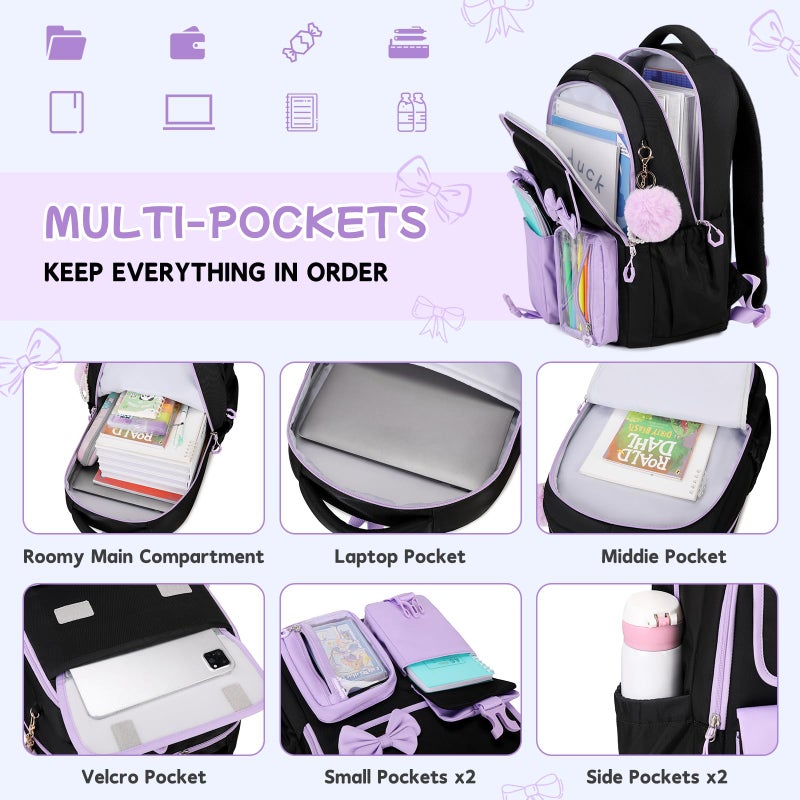 ASKSKY Girls Backpack, School Backpack for Girls, Cute Bow Kids Bookbag for Grils Children Teens for Elementary Middle High School Student, Black Purple - Image 4