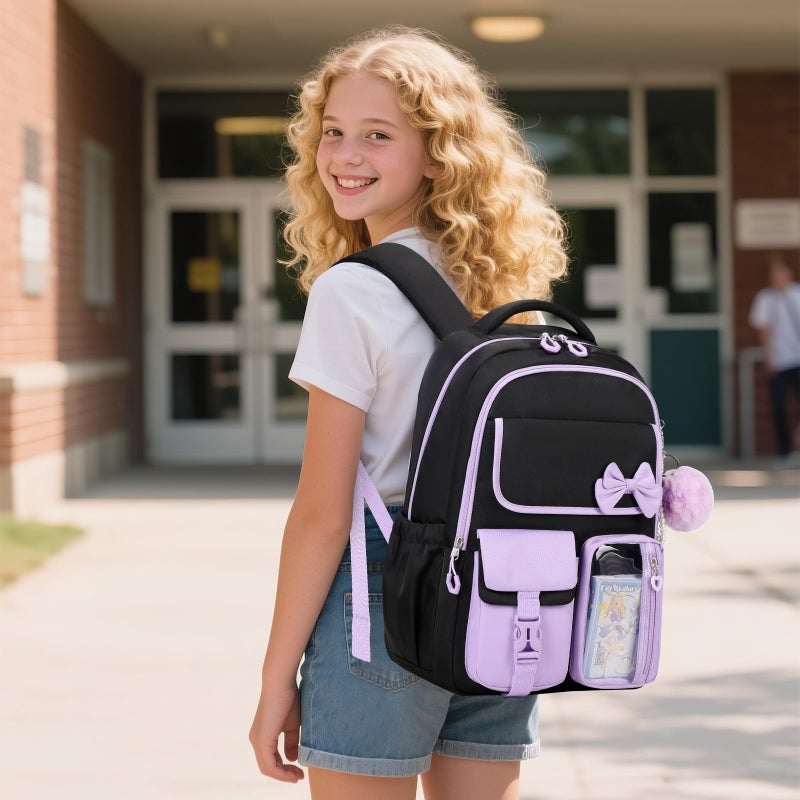 ASKSKY Girls Backpack, School Backpack for Girls, Cute Bow Kids Bookbag for Grils Children Teens for Elementary Middle High School Student, Black Purple - Image 2