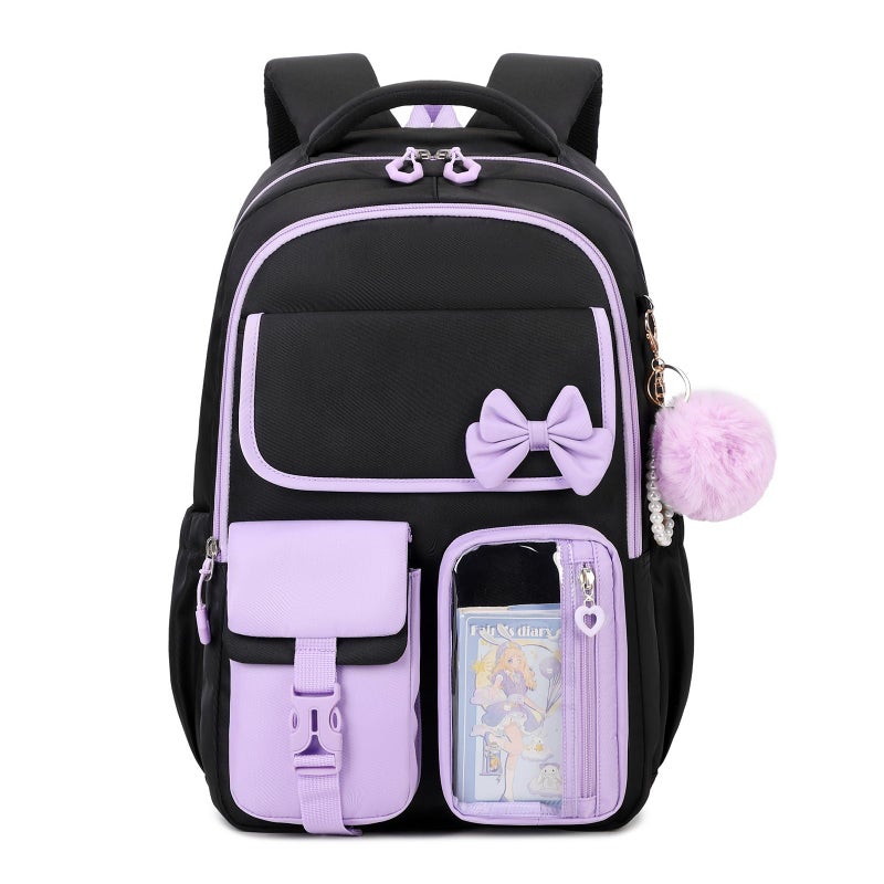 ASKSKY Girls Backpack, School Backpack for Girls, Cute Bow Kids Bookbag for Grils Children Teens for Elementary Middle High School Student, Black Purple - Image 1