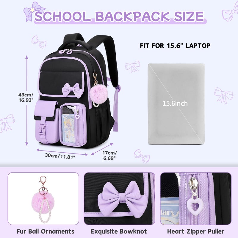 ASKSKY Girls Backpack, School Backpack for Girls, Cute Bow Kids Bookbag for Grils Children Teens for Elementary Middle High School Student, Black Purple - Image 3