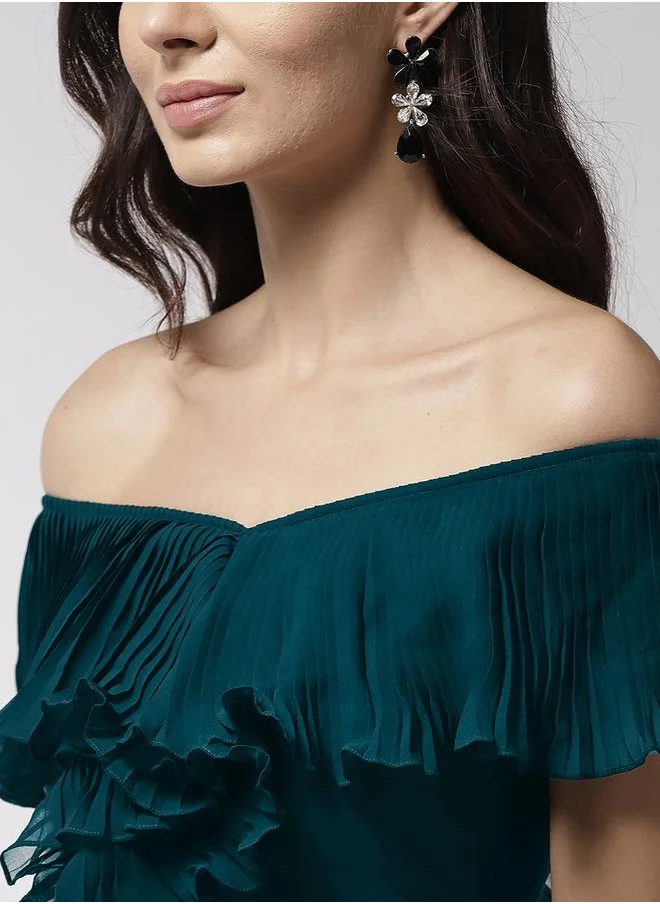 ميش Teal accordion pleat detail maxi dress with flared hem