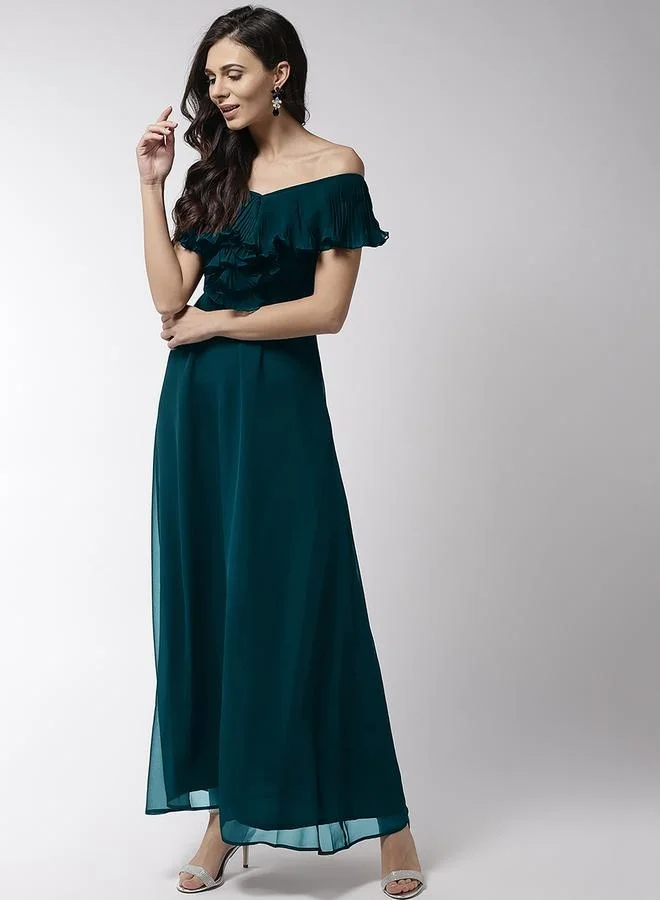 Mish Teal accordion pleat detail maxi dress with flared hem by Styli