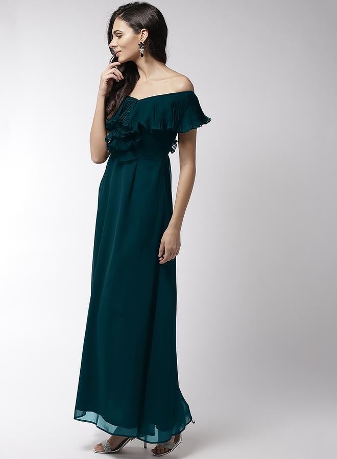 ميش فستان ماكسي بتفاصيل ثنيات الأكورديون وحافة واسعة بلون أخضر مائي من ستايلي - Image 3