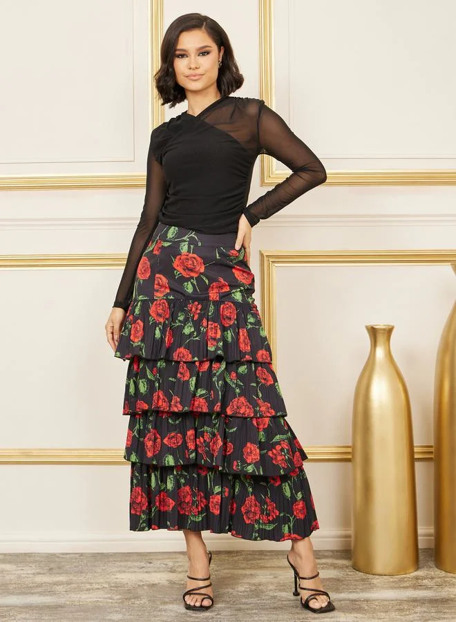 ستايلي All Over Floral Print Flared Maxi Skirt