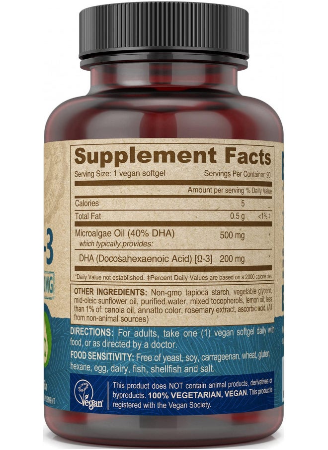 Deva DEVA Vegan Omega-3 DHA Supplement - Once-Per-Day Softgel 200 MG - Carrageenan Free - Gelatin Free - Non-Fish - Algae Oil - 90 Softgels (Pack of 2  - Image 1