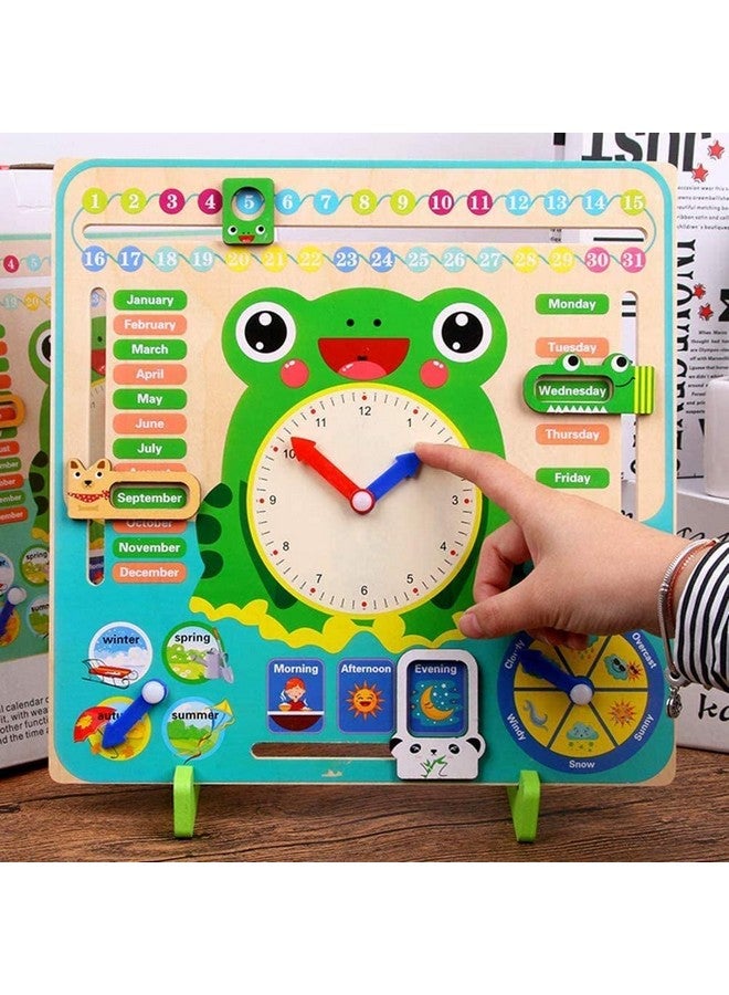 Toyshine Toyshine Time and Seasons Game Educational Wooden Clock Toy Calendar Board for 3 Year Olds and Up, Frog Green - Image 2