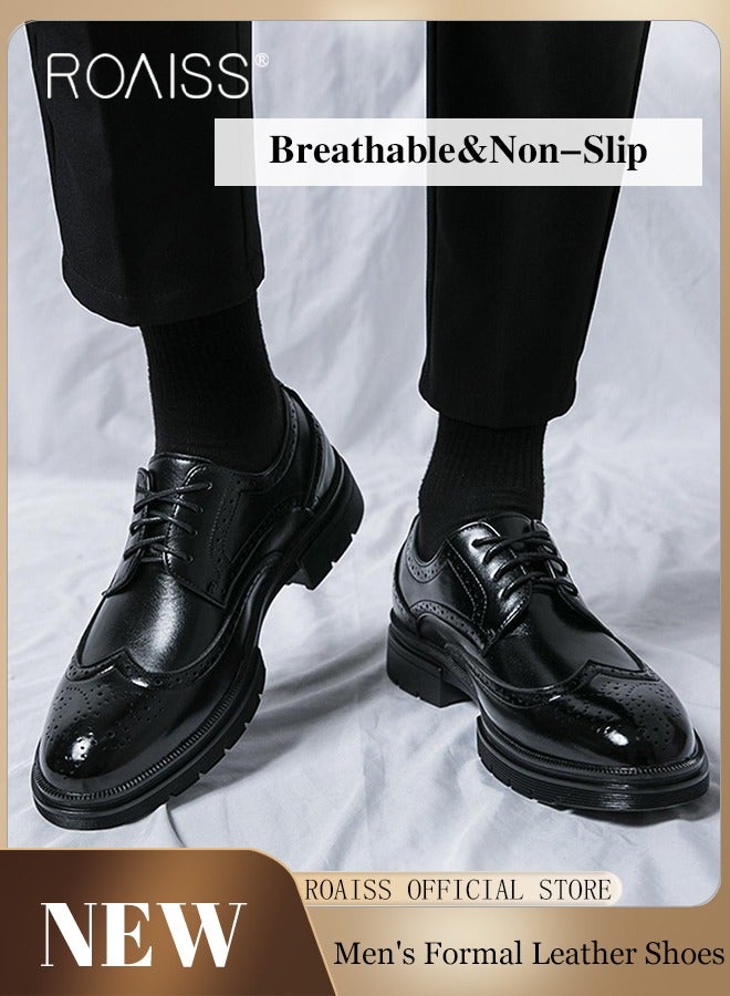 رويس أحذية جلدية رسمية للرجال برأس مستدير ونمط بروغ سهل الارتداء، أحذية غير قابلة للانزلاق تسمح بمرور الهواء، أحذية رسمية فاخرة مصقولة للرجال، أحذية رسمية غير رسمية لحفلات الزفاف باللون الأسود - Image 1
