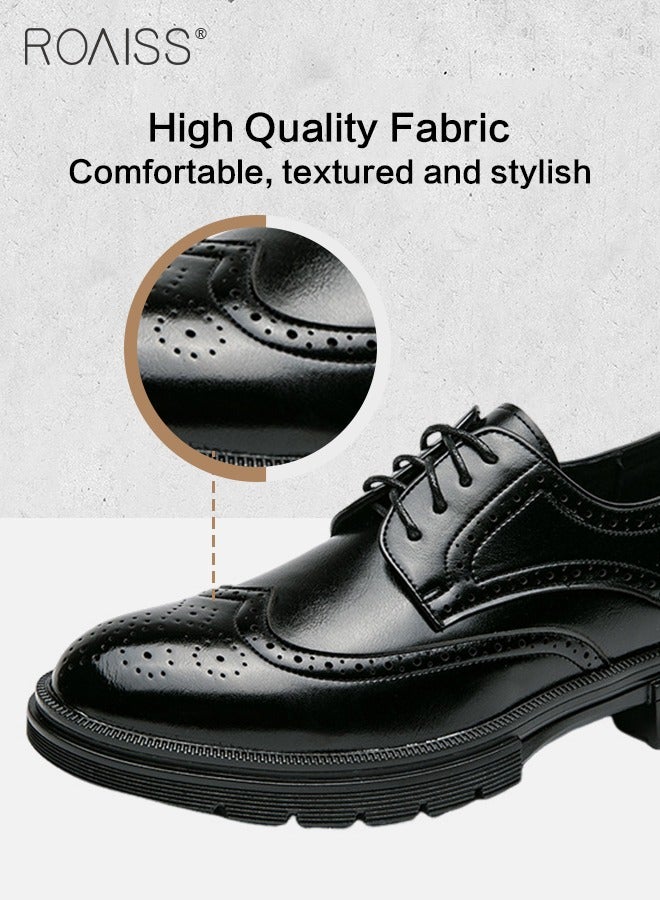 رويس أحذية جلدية رسمية للرجال برأس مستدير ونمط بروغ سهل الارتداء، أحذية غير قابلة للانزلاق تسمح بمرور الهواء، أحذية رسمية فاخرة مصقولة للرجال، أحذية رسمية غير رسمية لحفلات الزفاف باللون الأسود - Image 3