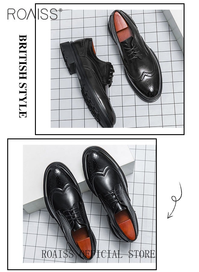 رويس أحذية جلدية رسمية للرجال برأس مستدير ونمط بروغ سهل الارتداء، أحذية غير قابلة للانزلاق تسمح بمرور الهواء، أحذية رسمية فاخرة مصقولة للرجال، أحذية رسمية غير رسمية لحفلات الزفاف باللون الأسود - Image 5