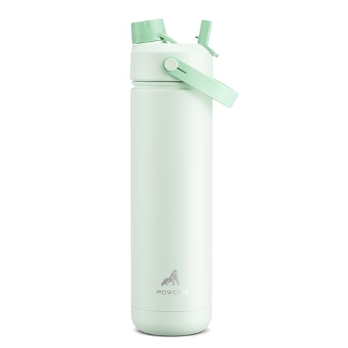 POWCAN 26 oz Insulated Water Bottle with 2in1 Straw and Spout Lid Keep Cold 24H LeakProof Fits in Car Cup Holder Stainless Steel Water Bottle for Sports Travel and School Mint