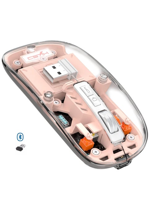 Wireless Bluetooth5.1&2.4G Mini Lightweight Mouse,Transparent Clear Cool,Rechargeable Silent Computer Mice,Nano USB C Receiver,LED Battery Magic Silm for Office/PC/Mac/Laptop/Apple/ipad