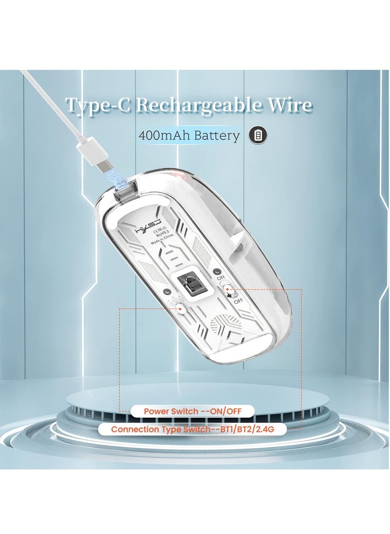 Wireless Bluetooth5.1&2.4G Mini Lightweight Mouse,Transparent Clear Cool,Rechargeable Silent Computer Mice,Nano USB C Receiver,LED Battery Magic Silm for Office/PC/Mac/Laptop/Apple/ipad