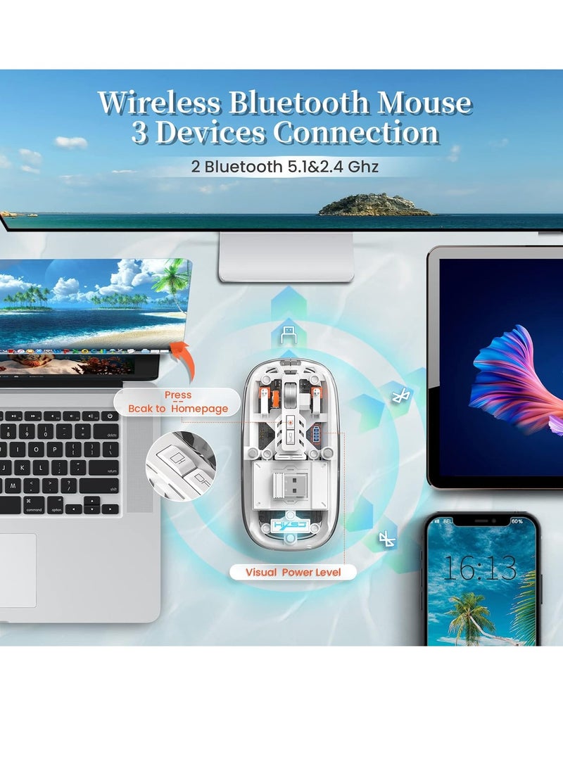 Wireless Bluetooth5.1&2.4G Mini Lightweight Mouse,Transparent Clear Cool,Rechargeable Silent Computer Mice,Nano USB C Receiver,LED Battery Magic Silm for Office/PC/Mac/Laptop/Apple/ipad