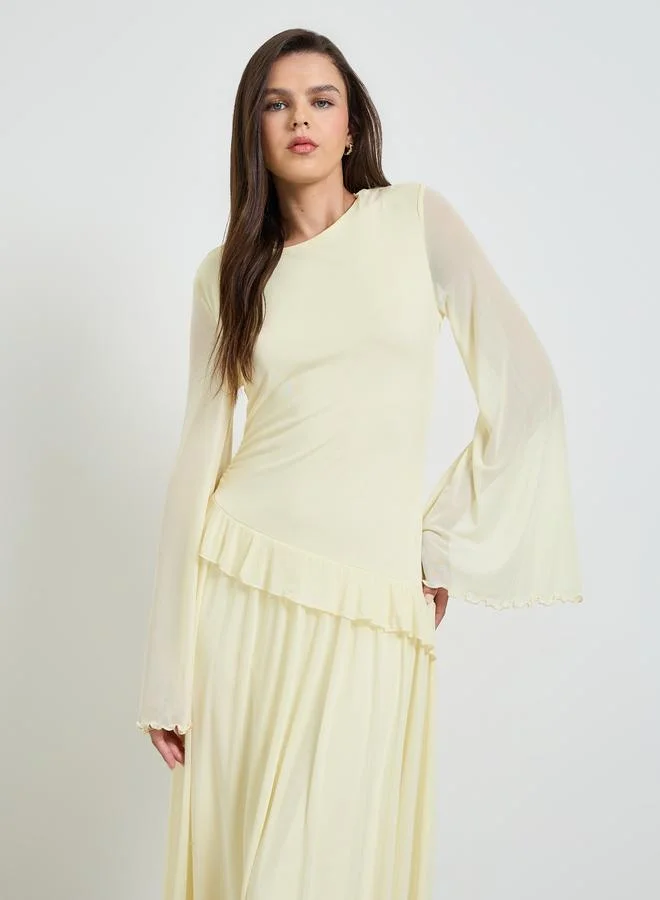 تايك تو Yellow Solid Bell Sleeves Ruffles A-Line Maxi Dress