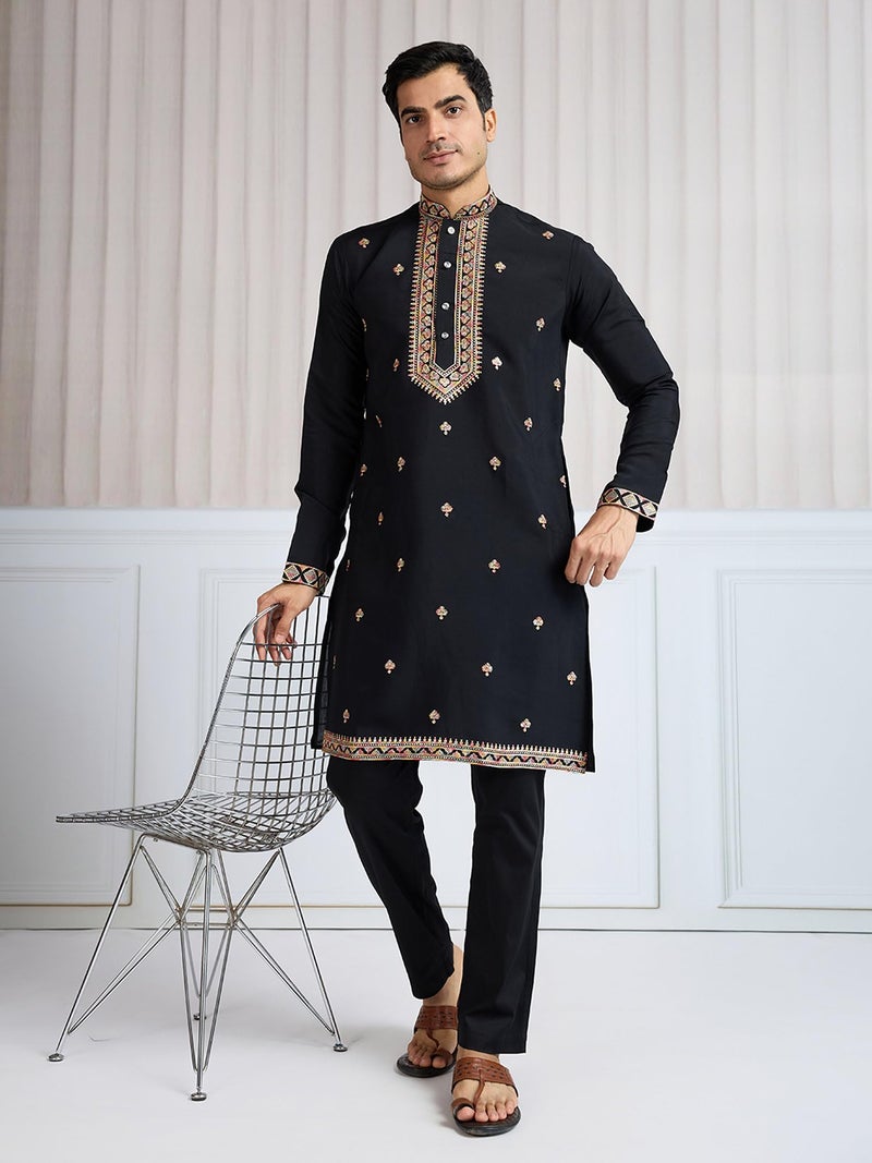Kalaanj Men's Embroidered Silk Kurta || Only Kurta (KALSS2501MK-Black-XL) - Image 3