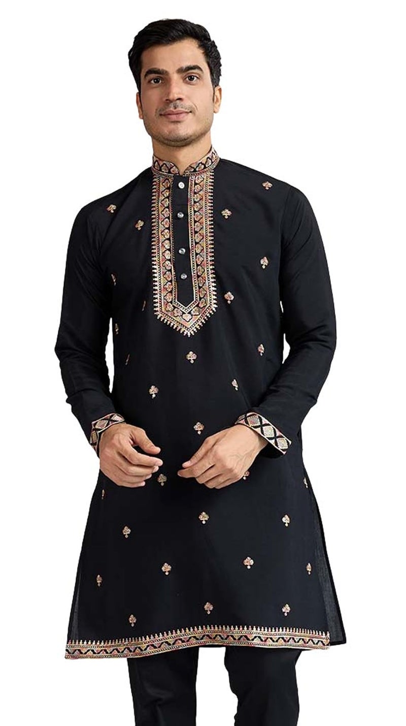 Kalaanj Men's Embroidered Silk Kurta || Only Kurta (KALSS2501MK-Black-XL) - Image 1