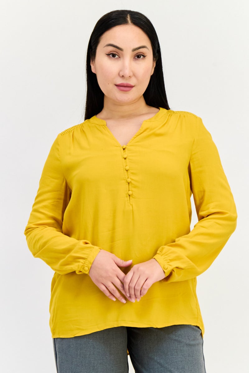 ONLY Women Split Neck Long Sleeve Plain Blouse, Dark Gold - Image 1