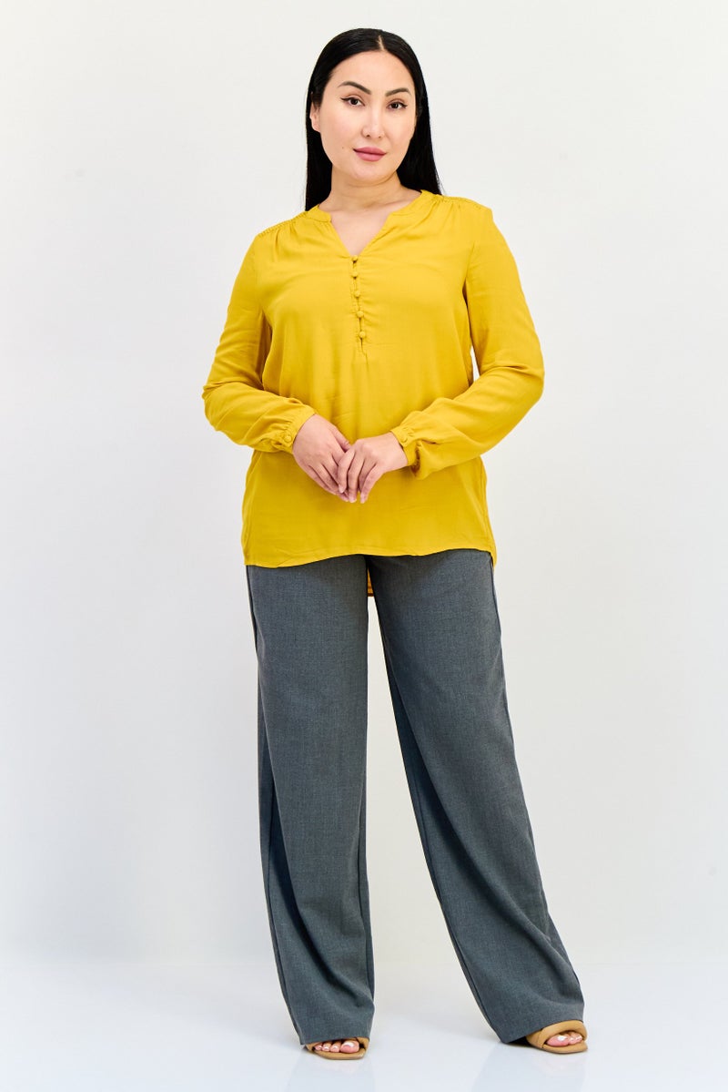 ONLY Women Split Neck Long Sleeve Plain Blouse, Dark Gold - Image 4
