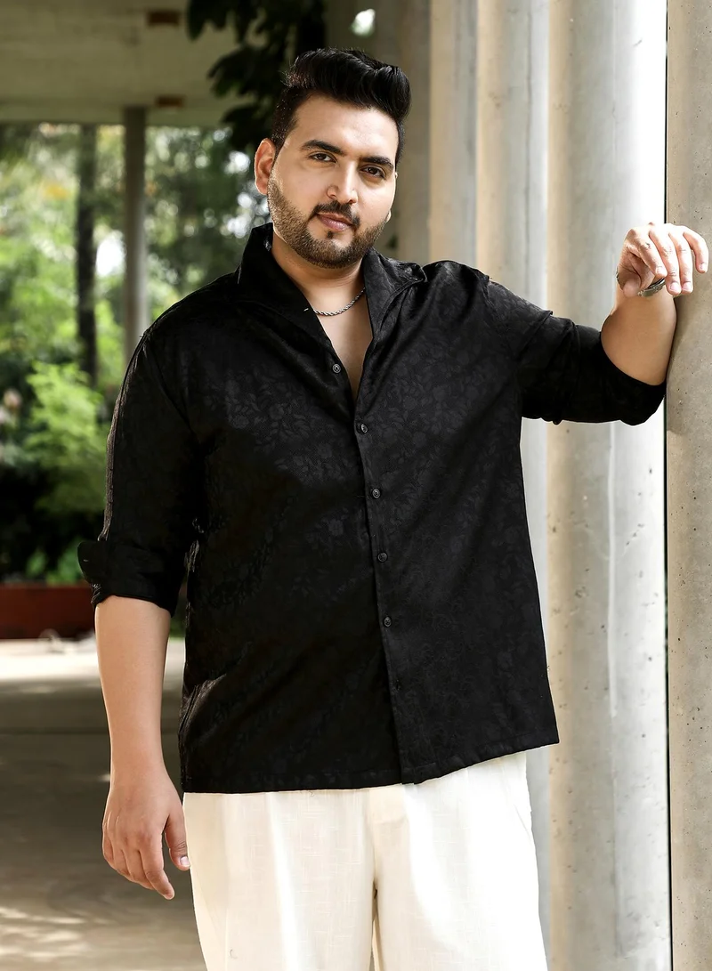 انستافاب بلس Instafab Plus Men's Onyx Black Floral-Jacquard Button-Down Relaxed Shirt For Casual Wear | Point Collar | Long Sleeves | Button Closure | Plus Size Shirt Crafted With Comfort Fit For Everyday Wear