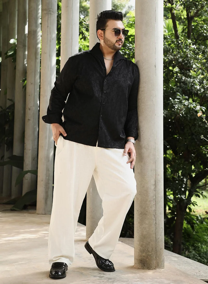 Instafab Plus Instafab Plus Men's Onyx Black Floral-Jacquard Button-Down Relaxed Shirt For Casual Wear | Point Collar | Long Sleeves | Button Closure | Plus Size Shirt Crafted With Comfort Fit For Everyday Wear