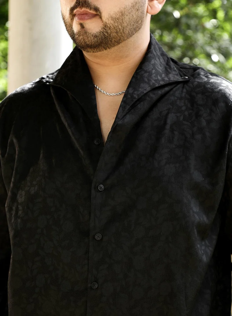 Instafab Plus Instafab Plus Men's Onyx Black Floral-Jacquard Button-Down Relaxed Shirt For Casual Wear | Point Collar | Long Sleeves | Button Closure | Plus Size Shirt Crafted With Comfort Fit For Everyday Wear