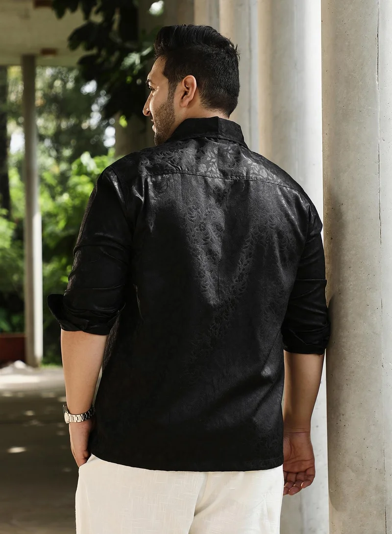 Instafab Plus Instafab Plus Men's Onyx Black Floral-Jacquard Button-Down Relaxed Shirt For Casual Wear | Point Collar | Long Sleeves | Button Closure | Plus Size Shirt Crafted With Comfort Fit For Everyday Wear