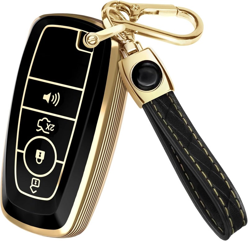Lucrum Compatible Ford Key Fob Cover with Leather Keychain - Black and Gold - Image 1