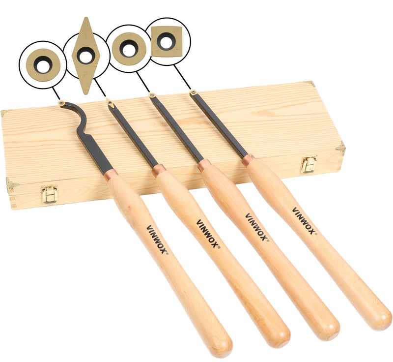 VINWOX 20" Full Size 4 PCS Carbide Wood Lathe Turning Tool Set, Including Swan Neck Hollower, Rougher, Finisher, Detailer, Titanium Coated Carbide Blades 2X Extended Service Life, Beech Wood Handle - Image 1