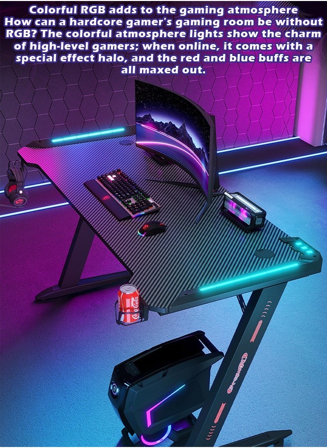 ZCM-HAPPY Premium Gaming Desk with RGB LED Lights, E-Sports Computer Desk with Carbon Fiber Surface, Cup Holder and Headphone Hook, Home Gaming Desk with RGB Atmosphere Lighting 140 cm  - Image 3