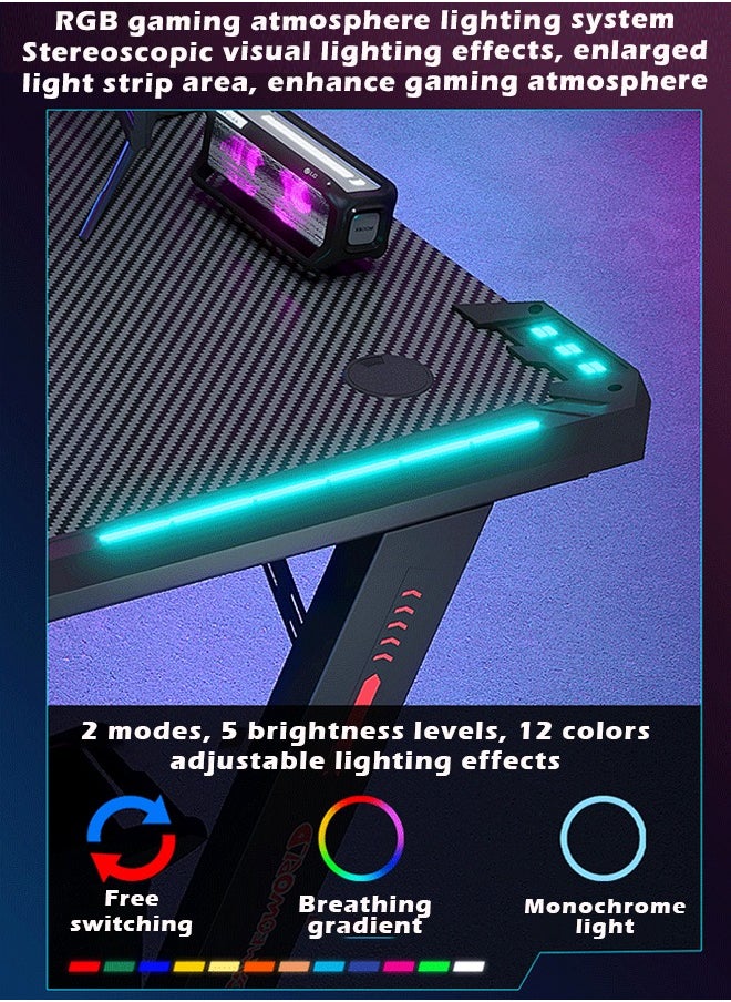 ZCM-HAPPY Premium Gaming Desk with RGB LED Lights, E-Sports Computer Desk with Carbon Fiber Surface, Cup Holder and Headphone Hook, Home Gaming Desk with RGB Atmosphere Lighting 140 cm  - Image 4