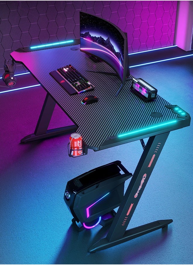 ZCM-HAPPY Premium Gaming Desk with RGB LED Lights, E-Sports Computer Desk with Carbon Fiber Surface, Cup Holder and Headphone Hook, Home Gaming Desk with RGB Atmosphere Lighting 140 cm  - Image 1