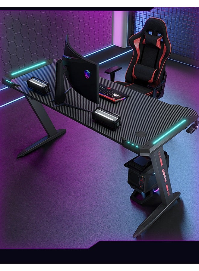 Premium Gaming Desk with RGB LED Lights, E-Sports Computer Desk with Carbon Fiber Surface, Cup Holder and Headphone Hook, Home Gaming Desk with RGB Atmosphere Lighting 140 cm
